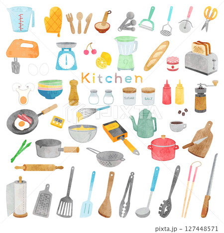 手書き水彩風　キッチンアイテムイラストセット 127448571