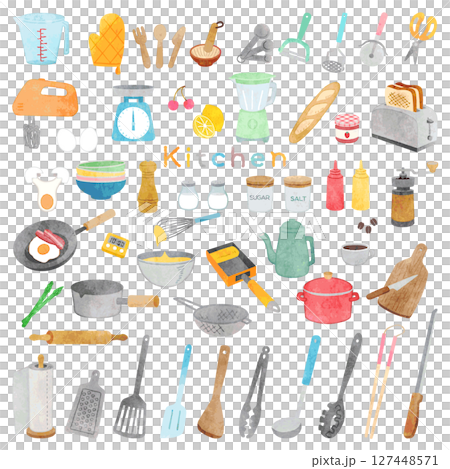 手書き水彩風　キッチンアイテムイラストセット 127448571