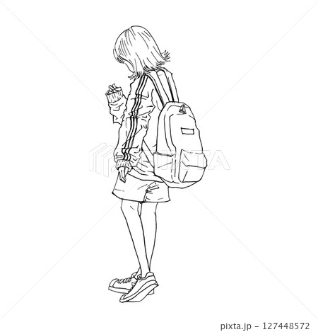 リュックを背負って手持ち無沙汰で何かを待っている女性 127448572