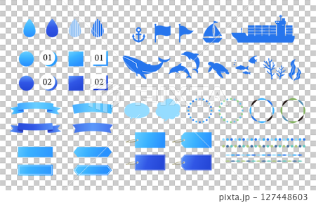 Blue ocean and water vector illustration set: fish and boat icons, frames, decorations, backgrounds Blue ocean and water vector illustration set: fish and boat icons, frames, decorations, backgrounds 127448603