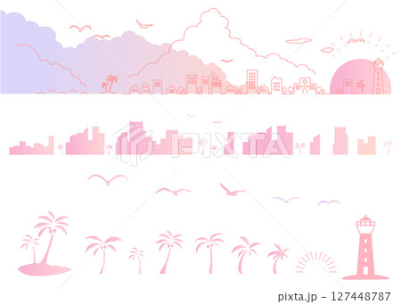 夕焼けの海辺の街並みのシルエットイラストのセット　背景イラスト　都市景観 127448787