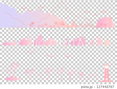 夕焼けの海辺の街並みのシルエットイラストのセット　背景イラスト　都市景観 127448787