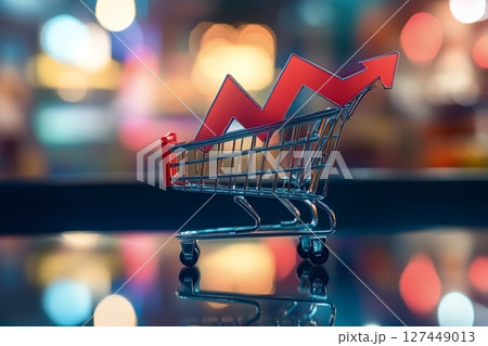 Shopping cart with increasing arrow representing growing consumer spending Shopping cart with increasing arrow representing growing consumer spending 127449013