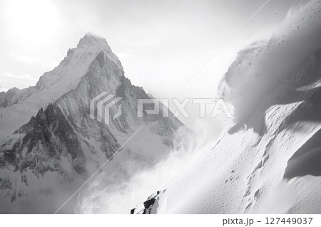 Snowboarding on a fresh powder slope with majestic matterhorn in the background 127449037