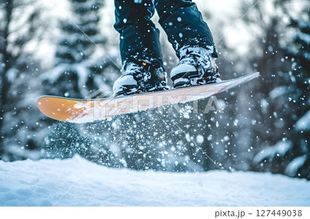 Snowboarder jumping and making snow fly in a snowy forest 127449038