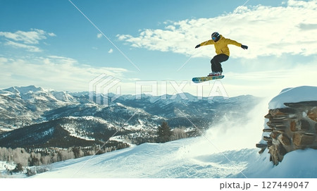 Snowboarder jumping over mountain cliff in sunny winter day 127449047