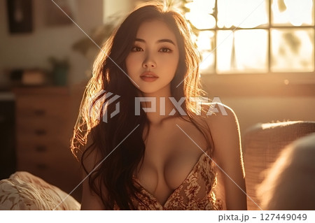 Beautiful asian model posing in golden hour light 127449049