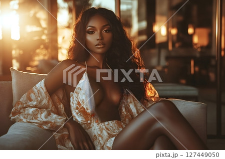 Fashion model posing on sofa in golden hour light 127449050