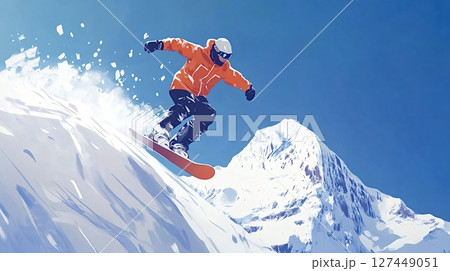 Snowboarder jumping on snowy mountain slope on sunny day 127449051