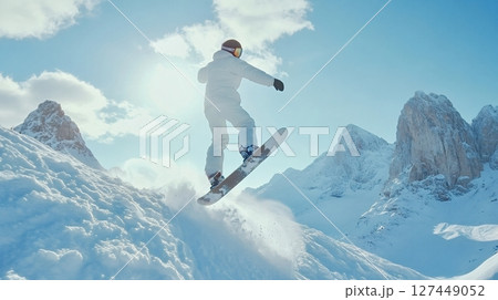 Snowboarder jumping on snowy mountain slope on sunny day 127449052