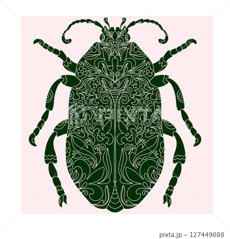 Beetle with botanical cut-out pattern, linocut style, detailed print, natural motifs 127449088
