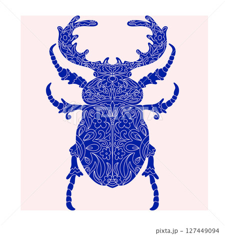Beetle with botanical cut-out pattern, linocut style, detailed print, natural motifs 127449094