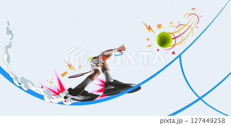 Tennis sprint with shockwave and ball impact. Sport and fashion magazine cover design 127449258