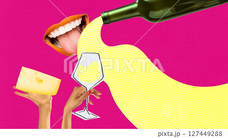 Surreal cheese and white wine pairing scene with stylized lips and vibrant contrast 127449288