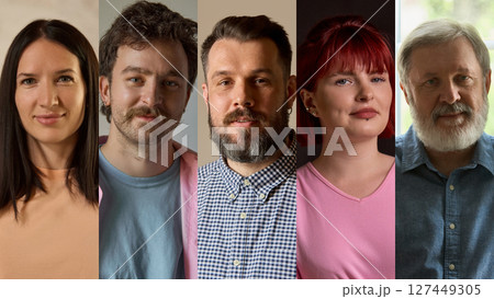 Honest Light. Side-by-side lineup of five individual headshots showing confidence and personality. Closeup Honest Light. Side-by-side lineup of five individual headshots showing confidence and personality. Closeup 127449305