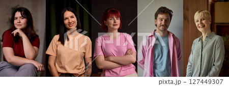 Portrait collage of relaxed and positive people in casual indoor setting. Identity 127449307