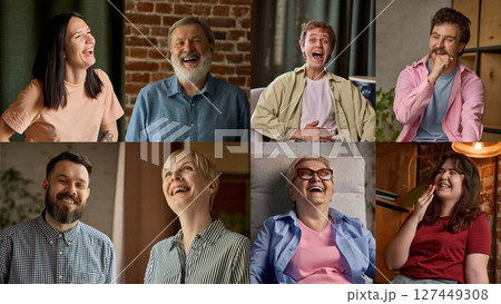 Spark of joy. Collage of people laughing and expressing positive emotions. Personality in branding 127449308