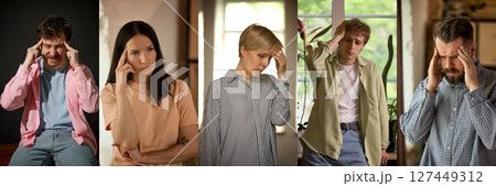 Tired mind. Collection of people showing stress frustration and worry in different moods Tired mind. Collection of people showing stress frustration and worry in different moods 127449312
