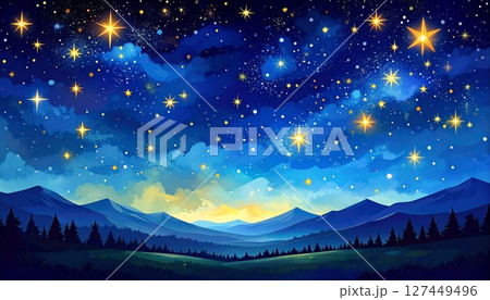 星が輝く幻想的な夜の風景イラスト2 127449496