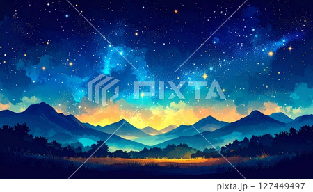 星が輝く幻想的な夜の風景イラスト1 127449497