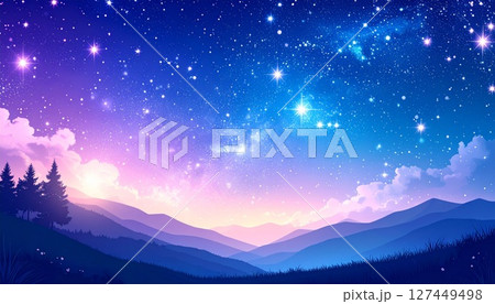 星が輝く幻想的な夜の風景イラスト5 127449498