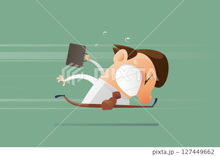 Cartoon illustration shows a stressed office worker sprinting to work. Cartoon illustration shows a stressed office worker sprinting to work. 127449662