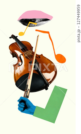 Violin and bow paired with lips and dynamic floating notes. Music school branding 127449959