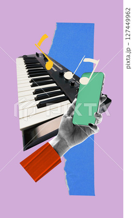 Retro keyboard with smartphone and music notes in modern colorful composition. Lifestyle content 127449962