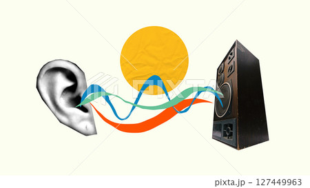 Collage of speaker waves reaching human ear with sun-like shape in center. Sound design visuals 127449963