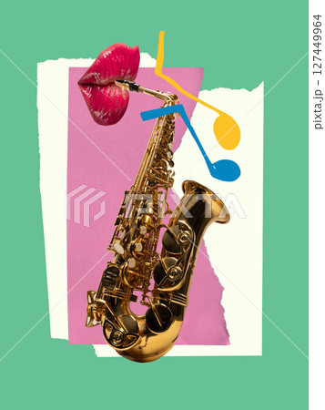 Golden saxophone with red lips and music notes on vibrant collage background. Ad, hand cut collage Golden saxophone with red lips and music notes on vibrant collage background. Ad, hand cut collage 127449964