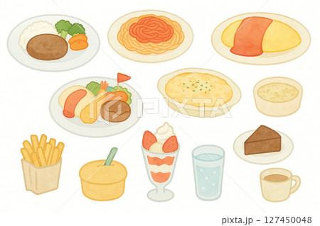やさしい水彩風のファミレスのイラストセット 127450048