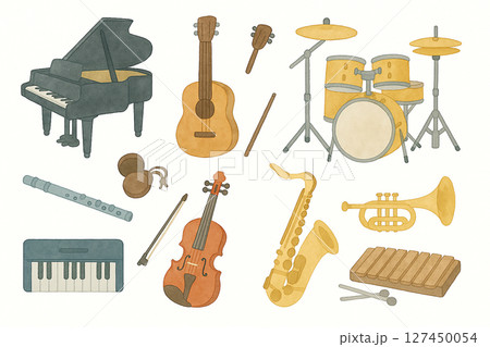 やさしい水彩風の楽器のイラストセット 127450054