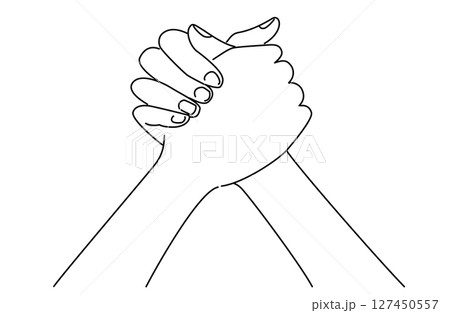手を強く握り握手を交わす二人の手のシンプルな線画イラスト 手を強く握り握手を交わす二人の手のシンプルな線画イラスト 127450557