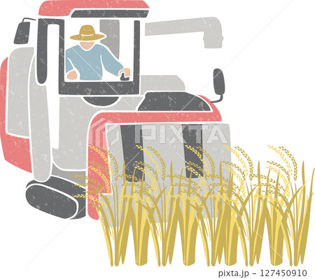 コンバインで稲を収穫する農家（秋・農家・コンバイン） 127450910