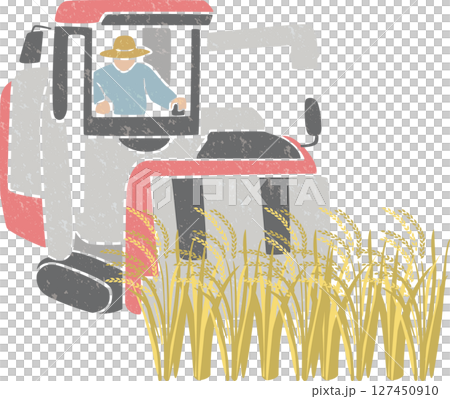 コンバインで稲を収穫する農家（秋・農家・コンバイン） 127450910