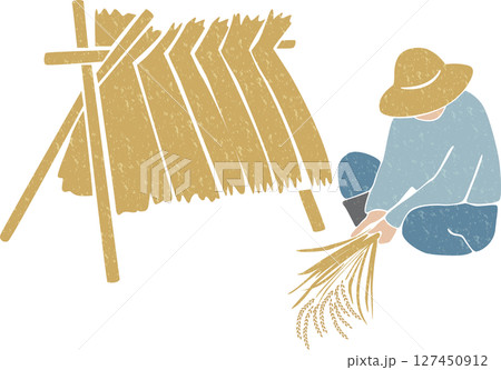 稲架に稲をかけて乾燥させる農家(秋・農家・コンバイン) 稲架に稲をかけて乾燥させる農家(秋・農家・コンバイン) 127450912