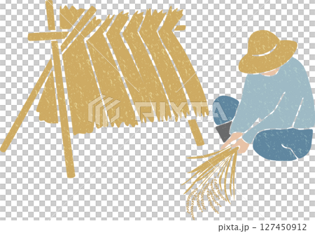 稲架に稲をかけて乾燥させる農家(秋・農家・コンバイン) 稲架に稲をかけて乾燥させる農家(秋・農家・コンバイン) 127450912