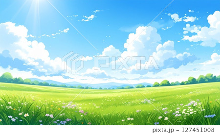 夏の空と入道雲が広がる爽やかな草原1 夏の空と入道雲が広がる爽やかな草原1 127451008