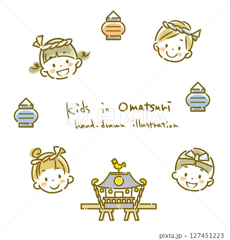 お祭りを楽しむ子供たちの円形フレーム シンプルでかわいい線画イラスト お祭りを楽しむ子供たちの円形フレーム シンプルでかわいい線画イラスト 127451223