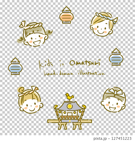 お祭りを楽しむ子供たちの円形フレーム シンプルでかわいい線画イラスト お祭りを楽しむ子供たちの円形フレーム シンプルでかわいい線画イラスト 127451223