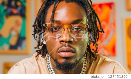 African American man with glasses poses confidently in vibrant artistic environment 127451892