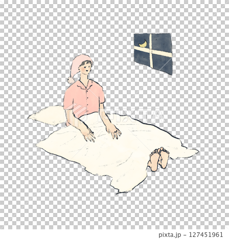 A woman in pajamas and a hat getting into bed at night 127451961
