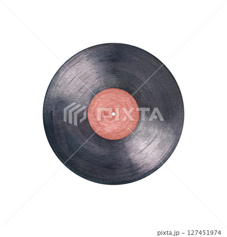 Watercolor illustration of classic black vinyl record isolated background. Hand painted gramophone record disk colorful label in realistic style. For music themed posters, retro decor, album covers, 127451974