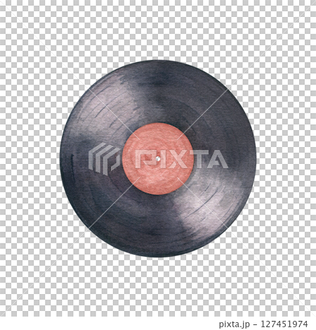 Watercolor illustration of classic black vinyl record isolated background. Hand painted gramophone record disk colorful label in realistic style. For music themed posters, retro decor, album covers, 127451974