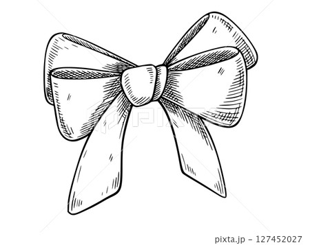 Vector hand drawn Bow with layered loops and tails. Outline illustration of Ribbon for wedding invitations or Baby shower greeting cards. Etched drawing in black and white colors for packaging. 127452027