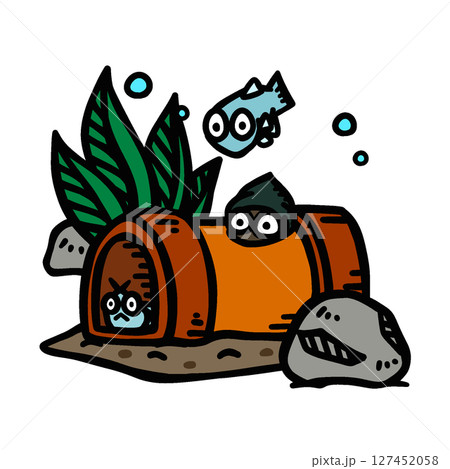 水槽用の土管と生き物のイラスト 水槽用の土管と生き物のイラスト 127452058