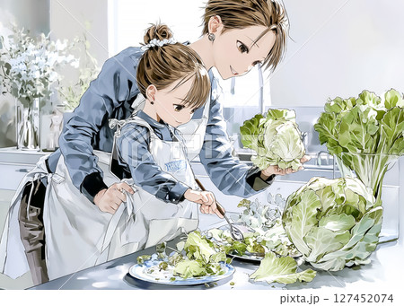 ママと一緒に料理の盛り付けをする子供のイラスト素材 127452074