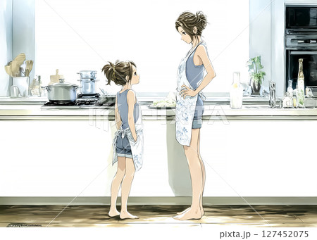 ママと同じエプロンを着て喜ぶ子供のイラスト素材 127452075