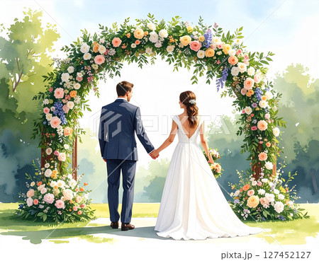 ブーケを持って歩く新郎新婦 ブーケを持って歩く新郎新婦 127452127