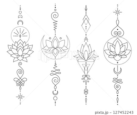 Sacred Lotus Unalome Tattoo Design Minimalist Spiritual Symbol. Sacred Lotus Unalome Tattoo Design Minimalist Spiritual Symbol. 127452243